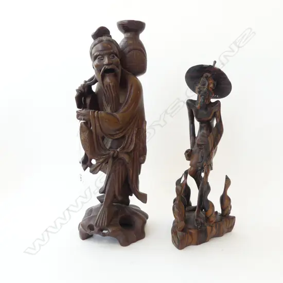 2 ORIENTAL CARVED WOODEN FIGURES H.360mm