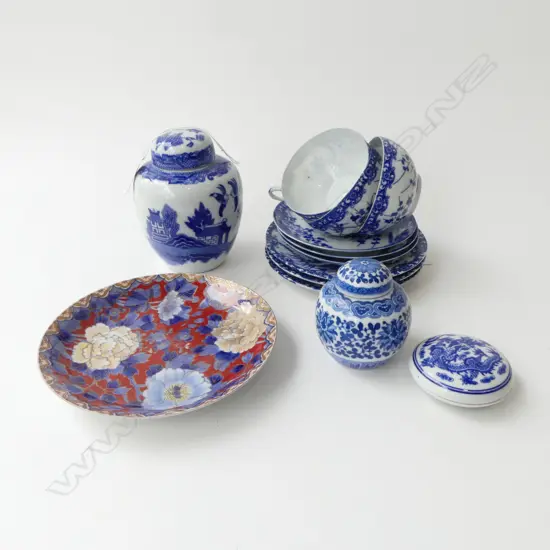 PCS CHINESE BLUE/WHITE PORCELAIN, 2 GINGER JARS, 9PC TEA SET, SML LIDDED TRINKET DISH & PLATE