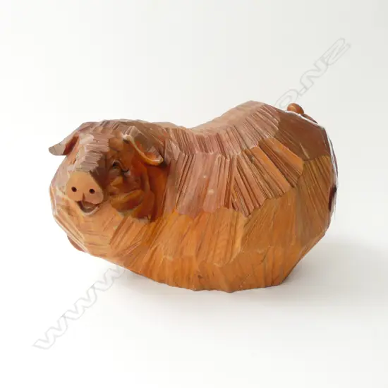 LG VINTAGE JAPANESE CARVED CEDARWOOD PIG, SIGNED ON BASE. L.300mm H.200mm (tips of ears damaged)