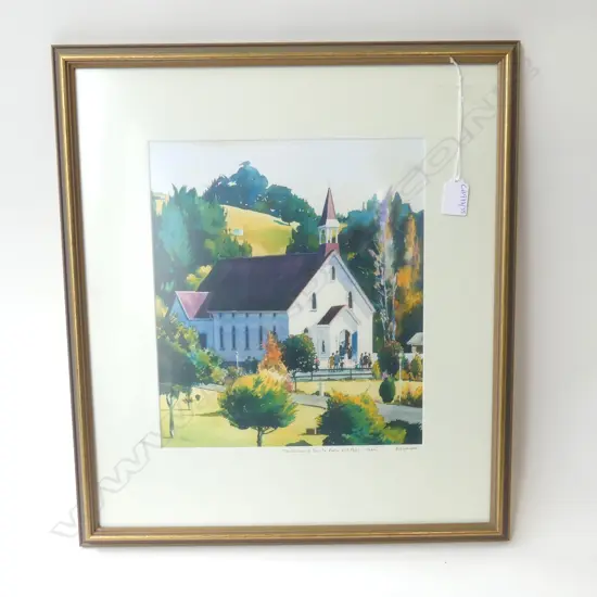 BILL LUFF 'THE CHURCH OF SAINTS PETER & PAUL - PUHOI' SIGNED PRINT 305x265mm