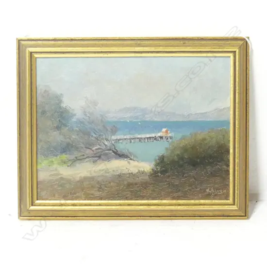 WILLIAM H. OLIVER, (AUST. 1920s), UNTITLED, SEASCAPE w. PIER, OIL ON BOARD 115x210mm SERVICE DISTRESSED