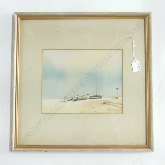 JOHN LAWRENCE b.1934 watercolour BEACH SCENE BOATS & FIGURES 185 X 235mm