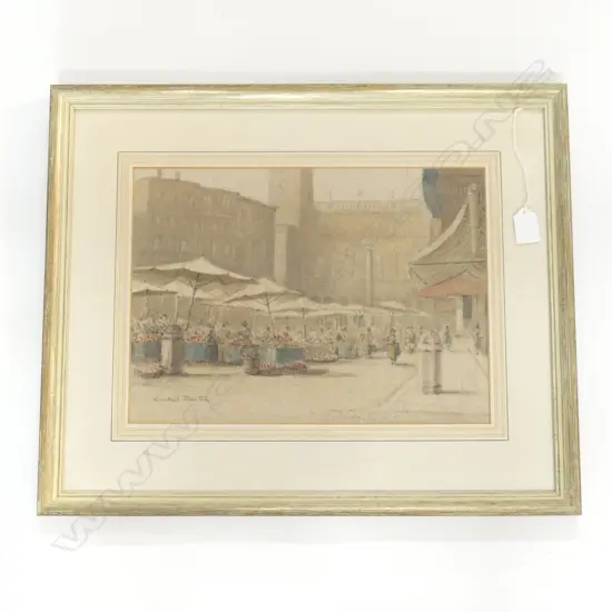SIGNED ARTWORK 'THE MARKET PLACE, VERONA' WC c.1930 260x360mm