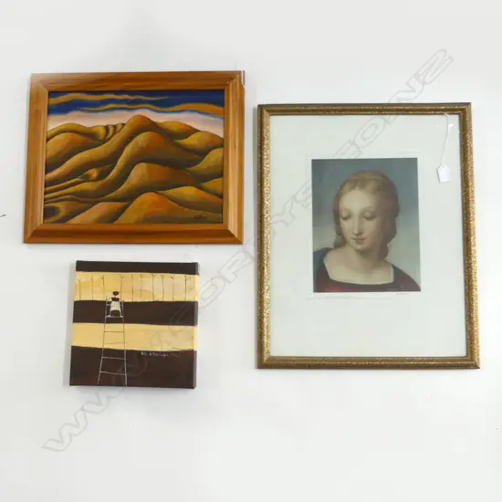 3 ARTWORKS; CRISPIN KORSCHEN 'HELLO...' ACRYLIC 250x250mm, SIGNED HILLS ACRYLIC, MADONNA DEL CARDELLINO PRINT 