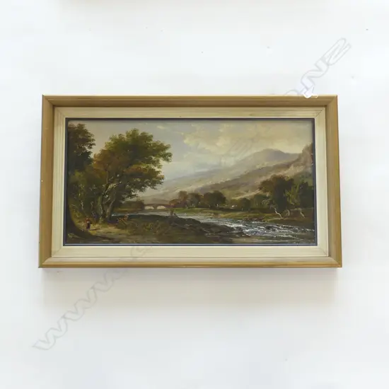 19C OIL ON CANVAS ARTIST UNKNOWN FIGURES BY A BRIDGE 400X210mm AF