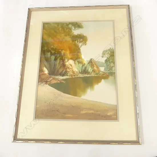 LARGE W/C MORNING LIGHT ON ROCKS CACTUS BAY WAIHEKE ISLAND BY CYNTHIA TAYLOR H990 W780MM