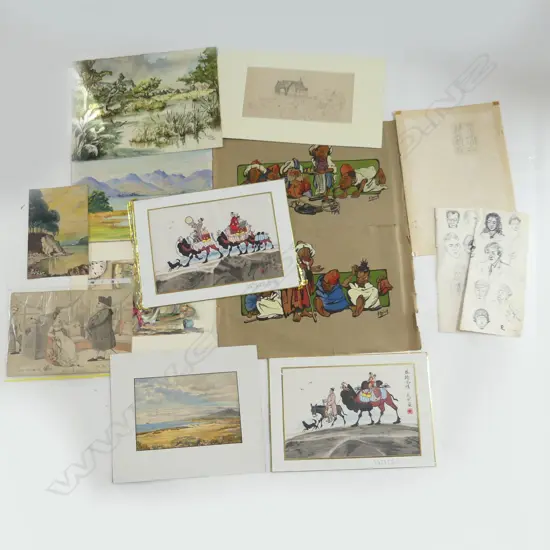 FOLDER OF ART: 6 WATERCOLOURS + OIL ETC