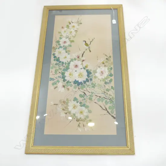 LARGE VINTAGE ACRYLIC ON SILK, BIRD ON ROSE BUSH, 880x410mm