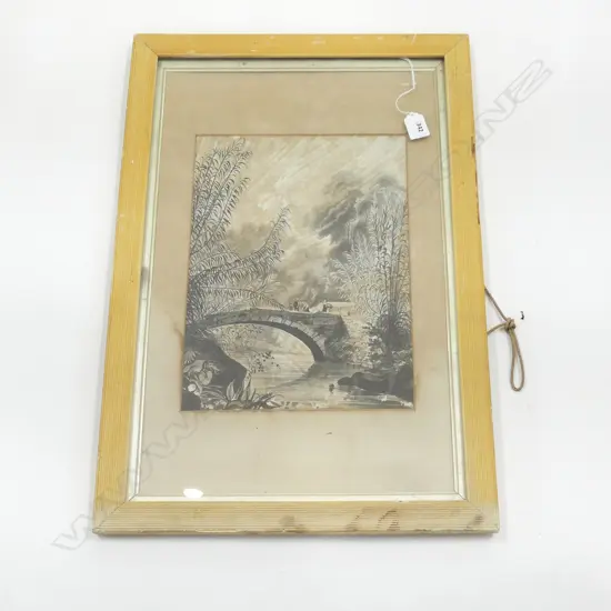 ANTIQUE LANDSCAPE w. BRIDGE, INK ON PAPER, 345x250mm