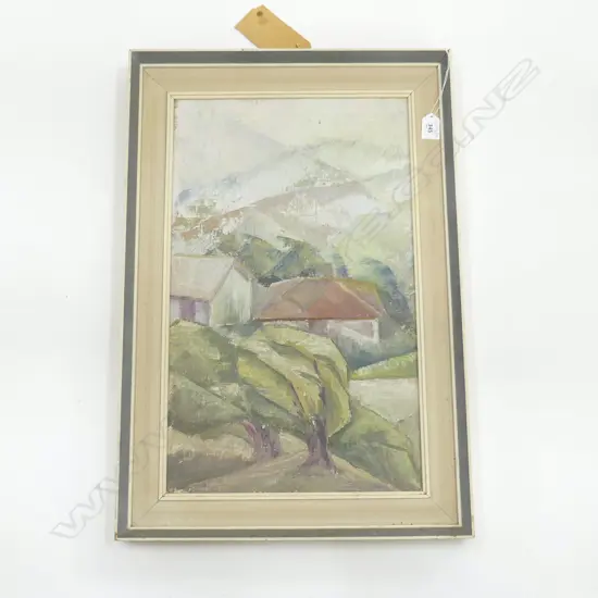 ELVA BETT (NZ 1918-91) 'MIST IN THE HILLS' OIL ON BOARD, 520x315mm