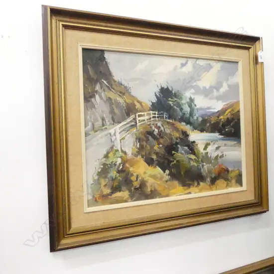 DON NEILSON, LANDSCAPE w. ROAD & RIVER, OIL ON BOARD 395x495mm