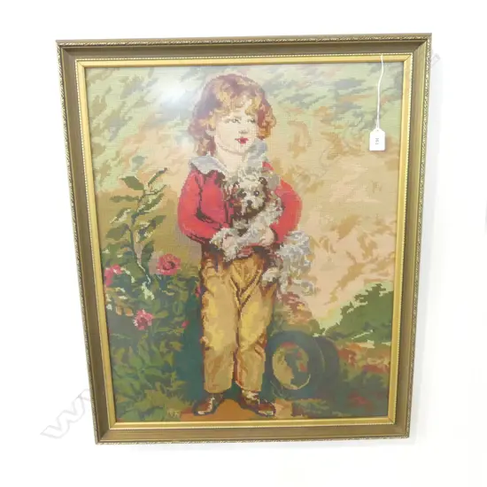 FRAMED NEEDLEWORK; BOY w. DOG 650x520mm