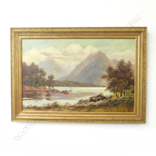 SIGNED COLONIAL LANDSCAPE OIL ON CANVAS, LAKE MANAPOURI, FAULTS 550x855mm
