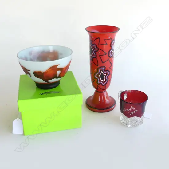 CHINESE GLASS FISH BOWL DIA130mm, CZECHOSLOVAKIA RED GLASS VASE H220mm, EXIBITION GLASS MUG H70mm