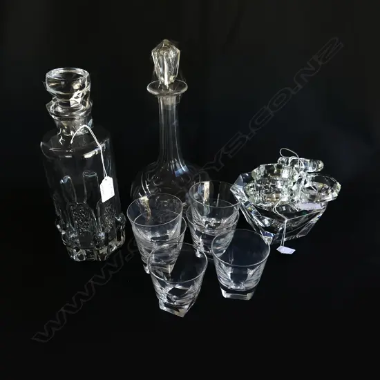 2 DECANTERS 6 ROSENTHAL WHISKEY GLASSES, AN ORREFORS DISH & 6 CRYSTAL NAPKIN RINGS