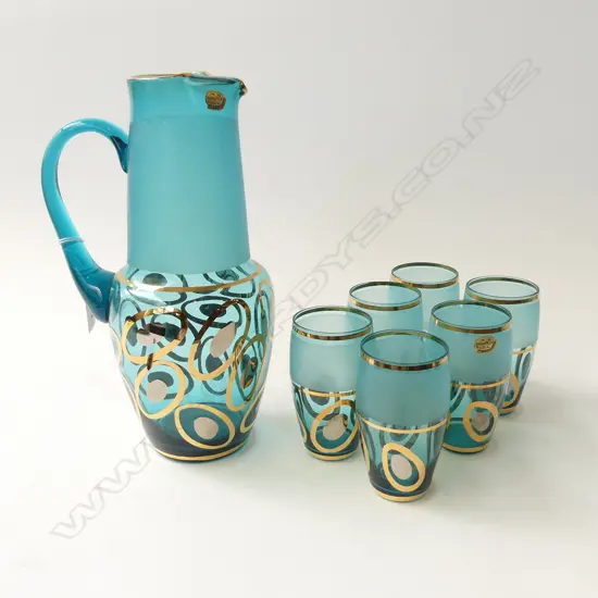 BLUE & GOLD BOHEMIAN CRYSTAL JUG H.280mm & 6 GLASSES