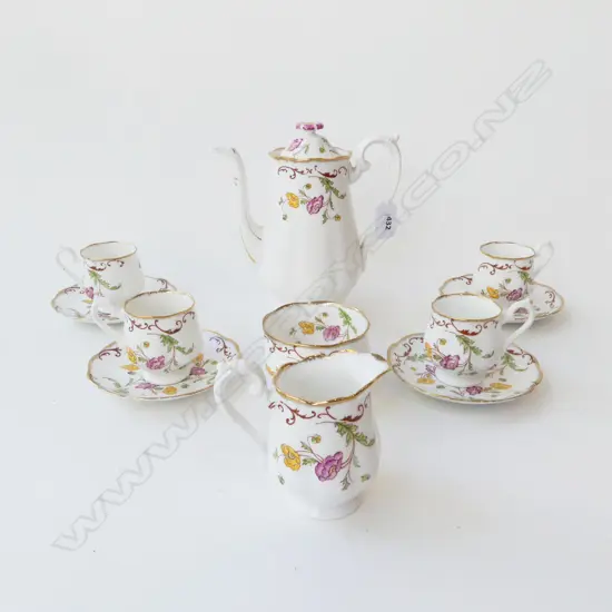 ROYAL ALBERT COFFEE SET; COFFEE POT & 4 DEMITASSE C/S & M/S & 6 EDWARDIAN ETCHED GLASSES