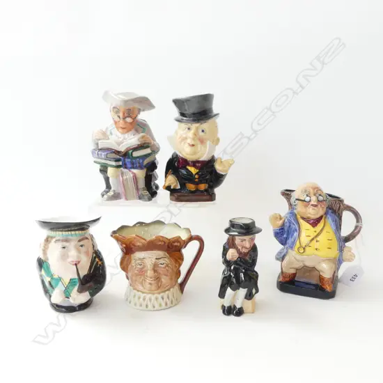 6 TOBY JUGS; WEDGWOOD 'YE OLDE TOWN CLERK' H.140mm, BURLEIGH WARE & 3 OTHERS (chip to Mr Micawber's collar)