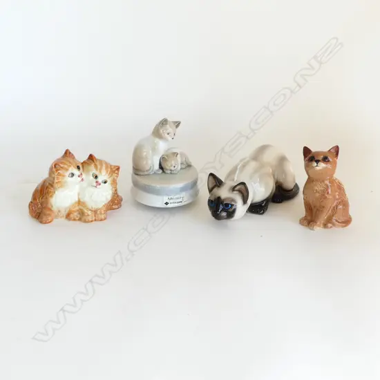 4 CAT FIGURINES; 2 BESWICK, SIAMESE L.180mm, OTAGIRI 'MEMORY' CIRCULAR MUSIC BOX