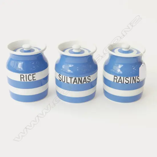 3 EARLY CORNISH WARE T&G GREEN LIDDED JARS ‘RICE’ ‘SULTANAS’ & ‘RAISINS’ BLACK MARK, H.130MM