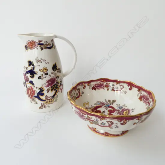 MASONS 'MANDALAY'; BLUE JUG H.205mm & RED BOWL 205mm dia