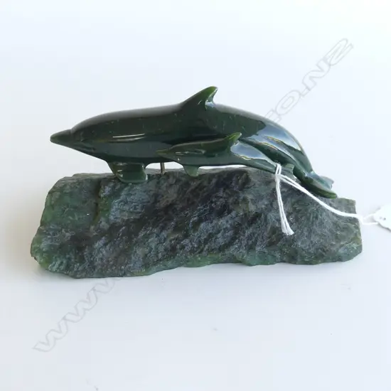 JADE DOLPHIN & BABY ON GREENSTONE BASE L150MM