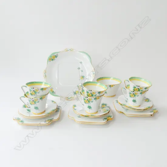 20 PCE ART DECO GRAFTON CHINA 'PRIMULA' TEA SET; 6 TRIOS, SUGAR BOWL, CAKE PLATE