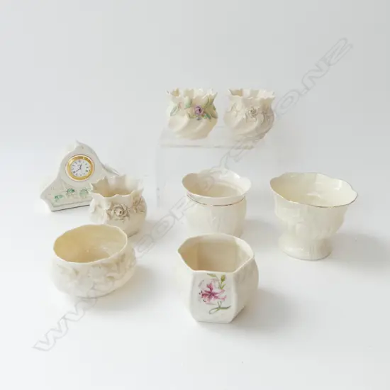 8 PCES BELLEEK; 7 VASES + CLOCK W.130mm