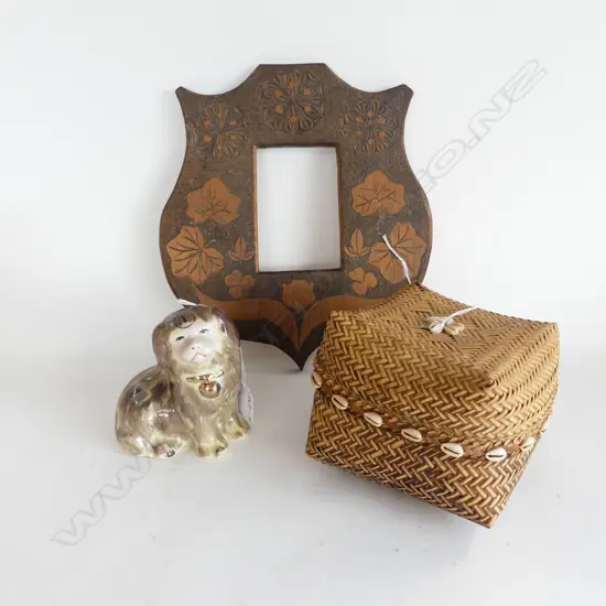 VINTAGE POKER WORK PICTURE/PHOTO FRAME, WOVEN BASKET & JAPANESE PORCELAIN DOG
