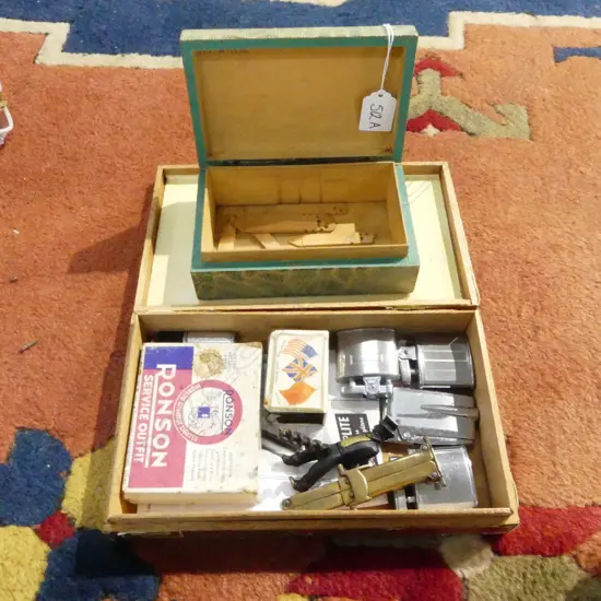 ASST. TABLE LIGHTERS, RONSON ETC + SHAGREEN BOX W.155mm