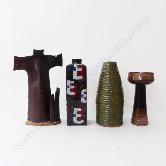 4 PCS NZ STUDIO POTTERY; JOHN PARKER, TEAL CERAMICS, CHRISTLIKE FIG w OUTSTRETCHED HAND & PETER LANGE LAMPBASE