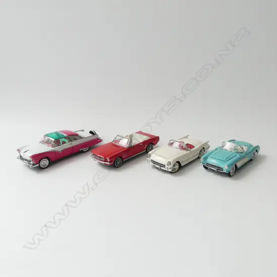 4 FRANKLIN MINT MODEL CARS; 1955 FORD CROWN VICTORIA, 2 CHEVROLET, 1964 FORD MUSTANG L.220mm