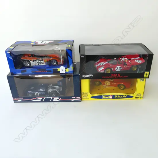 4 BOXED 1:18 MODEL RACING CARS; HOT WHEELS ELITE FERRARI 512 S, 330 P4, MCLAREN F1 GTR, LESLIE AIR LOLA COUPE 