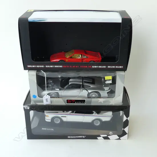 3 BOXED MODEL CARS; FERRARI 250 GTO, PORSCHE, BMW 3.0 CSL