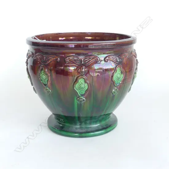 ANTIQUE JARDINERE; BROWN / GREEN GLAZE H.215mm, 255mm dia