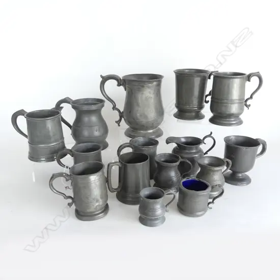 Fifteen various pewter items including: James Yates baluster quart mug; Victorian pint mug with glass base; a pint mug with spout; other tankards, one jug etc., some items with damage.
