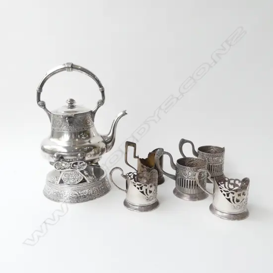 SILVER PLATE SPIRIT KETTLE + 5 RUSSIAN CUP HOLDERS (1 825 SILVER, 129gms)