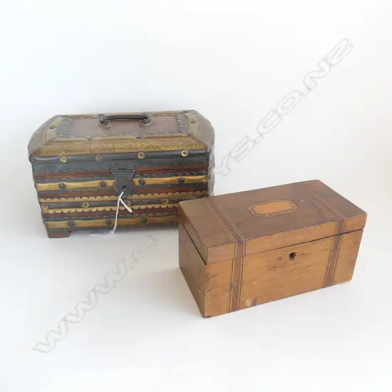 TWO BOXES; BRASS-BOUND MIDDLE EASTERN (L.280mm) & OLD WOODEN INLAID ENGLISH, TRANSFERS INSIDE