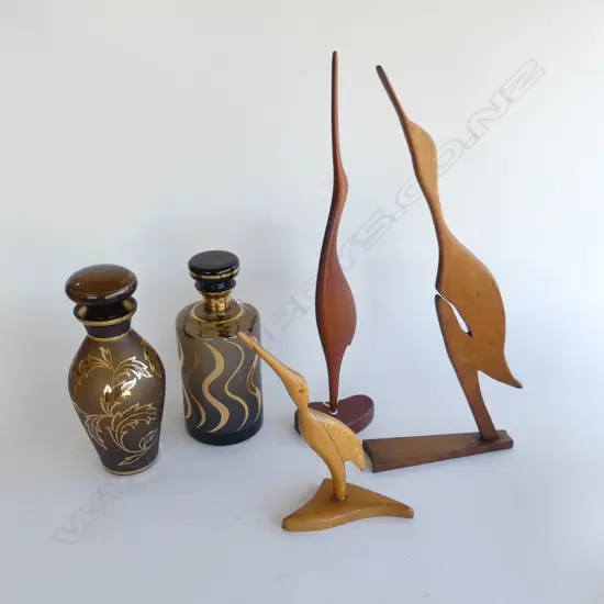 3 MID CENTURY WOODEN BIRDS (1 PITCAIRN IS?) H.500 (tallest) & 2 CZECH MID CENTURY GLASS DECANTERS H.240mm