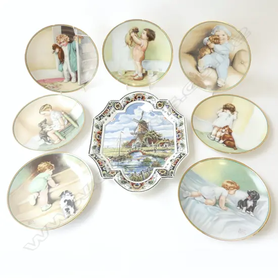 DELFT WALL PLATE H340mm +  7 BESSIE P CUTMANN COLLECTORS PLATES 220mm dia