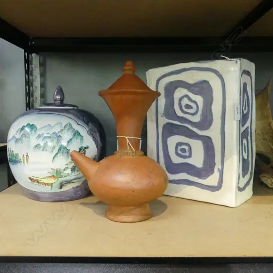 3 CERAMICS; MOROCCAN WATER BOTTLE, LIDDED ORIENTAL VASE, SLAB VASE H.310mm