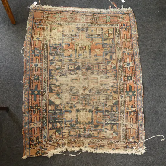 VINTAGE HAND KNOTTED WOOL PILE RUG, WORN 1250x1000mm