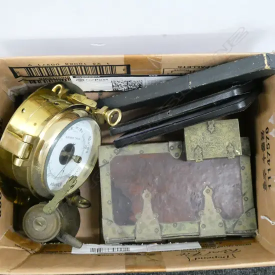 VINTAGE BRASS ITEMS; MARINER BAROMETER DIA 190mm, TRINKET & LGBOX, COFFEE POT & VINTAGE JAPANESE SLIDE RULE, COMPASS SET