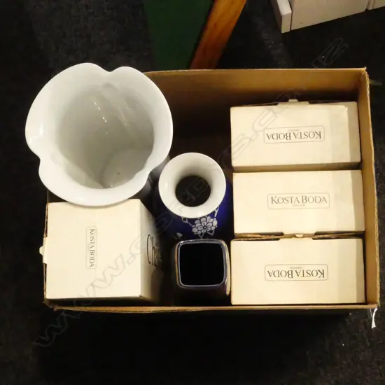 KOSTA BODA CARAFE & 6 GLASSES, BOXED + 3 VASES