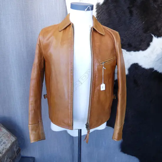 1960s TAN LEATHER FRONT QUARTER HORSEHIDE INDIAN MOTORCYCLE JACKET, MADE IN KOREA, SZ. 40