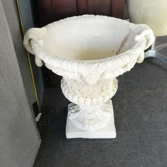 LGE VINTAGE CLASSICAL CONCRETE URN 670 x 670 mask decoration chipped corner + old repair