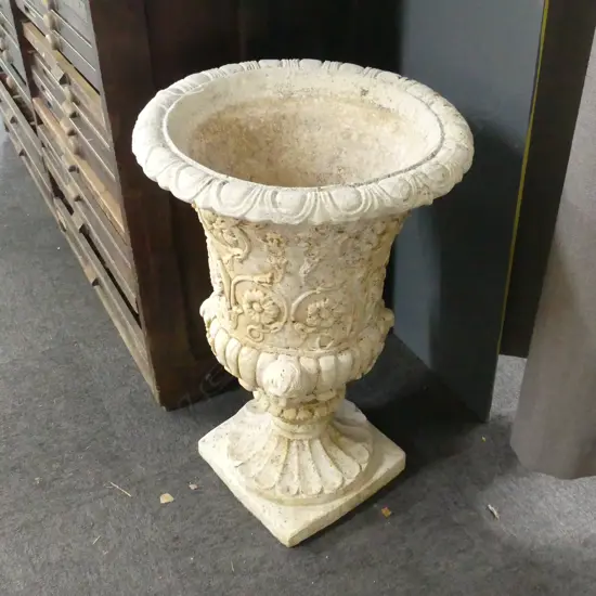 LGE VINTAGE CLASSICAL CONCRETE URN scroll & mask decoration 770 x 500mm in 2 sections