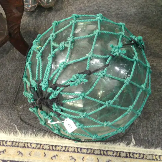 OLD GLASS FISHING FLOAT w. NETTING APPROX DIA.460mm hand blown
