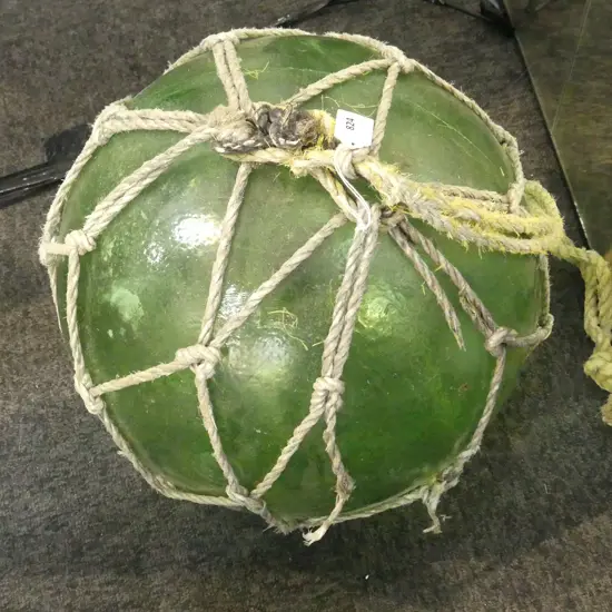 OLD GLASS FISHING FLOAT w. NETTING APPROX DIA.340mm hand blown