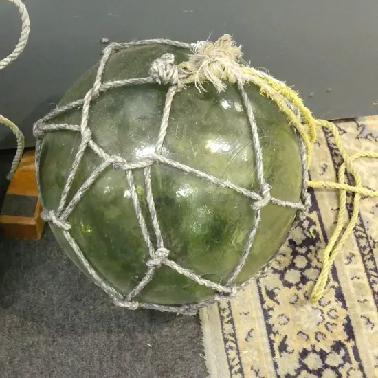 OLD GLASS FISHING FLOAT w. NETTING APPROX DIA.340mm hand blown